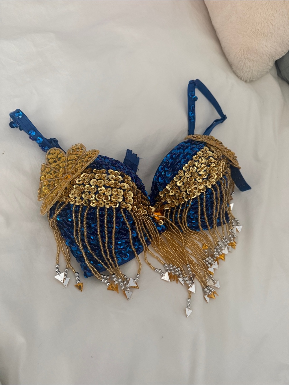 Amazon Blue and Gold Sequin Fringe Bra